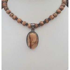 Gorgeous sterling silver Picture Jasper necklace with beads and pendant.